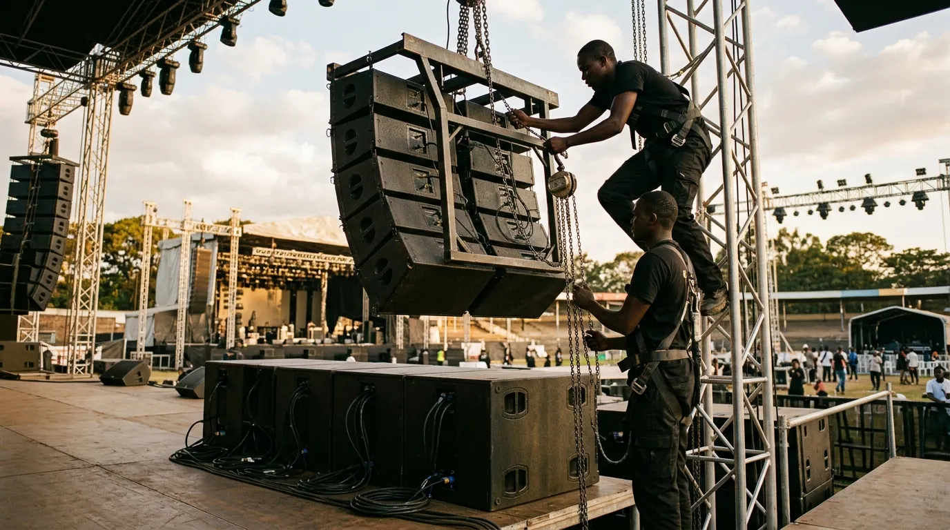 dB Technologies Speakers in Kenya: Line Arrays and How to Choose 1 dB Technologies line array speakers flown above a stage during a live event in Nairobi, Kenya
