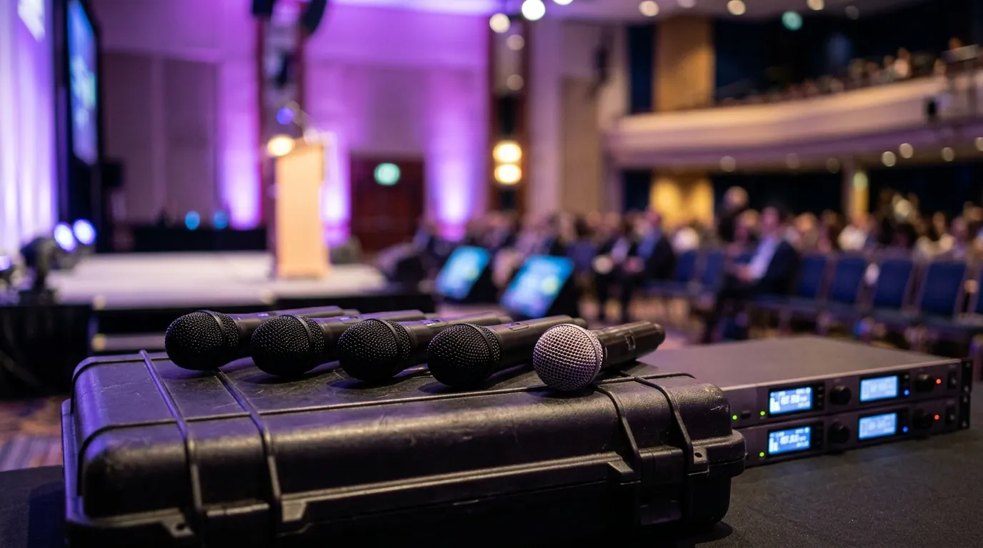 Shure SM58 wired microphone and Shure digital wireless handheld microphone with receiver on a stage in a Nairobi church hall