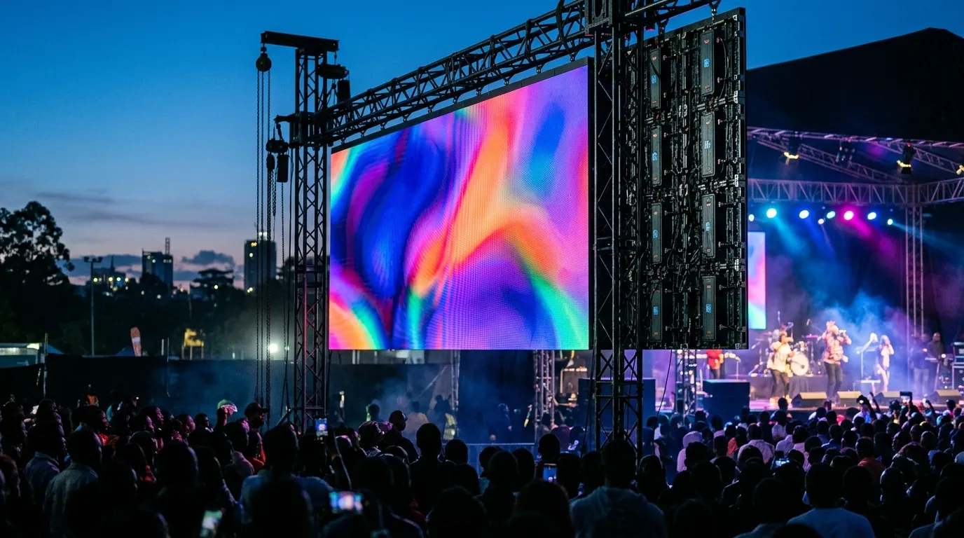 LED Screens in Kenya: Indoor vs Outdoor, Pixel Pitch and Cost 1 Large indoor LED video wall on a stage in Nairobi showing bright visuals behind a presenter