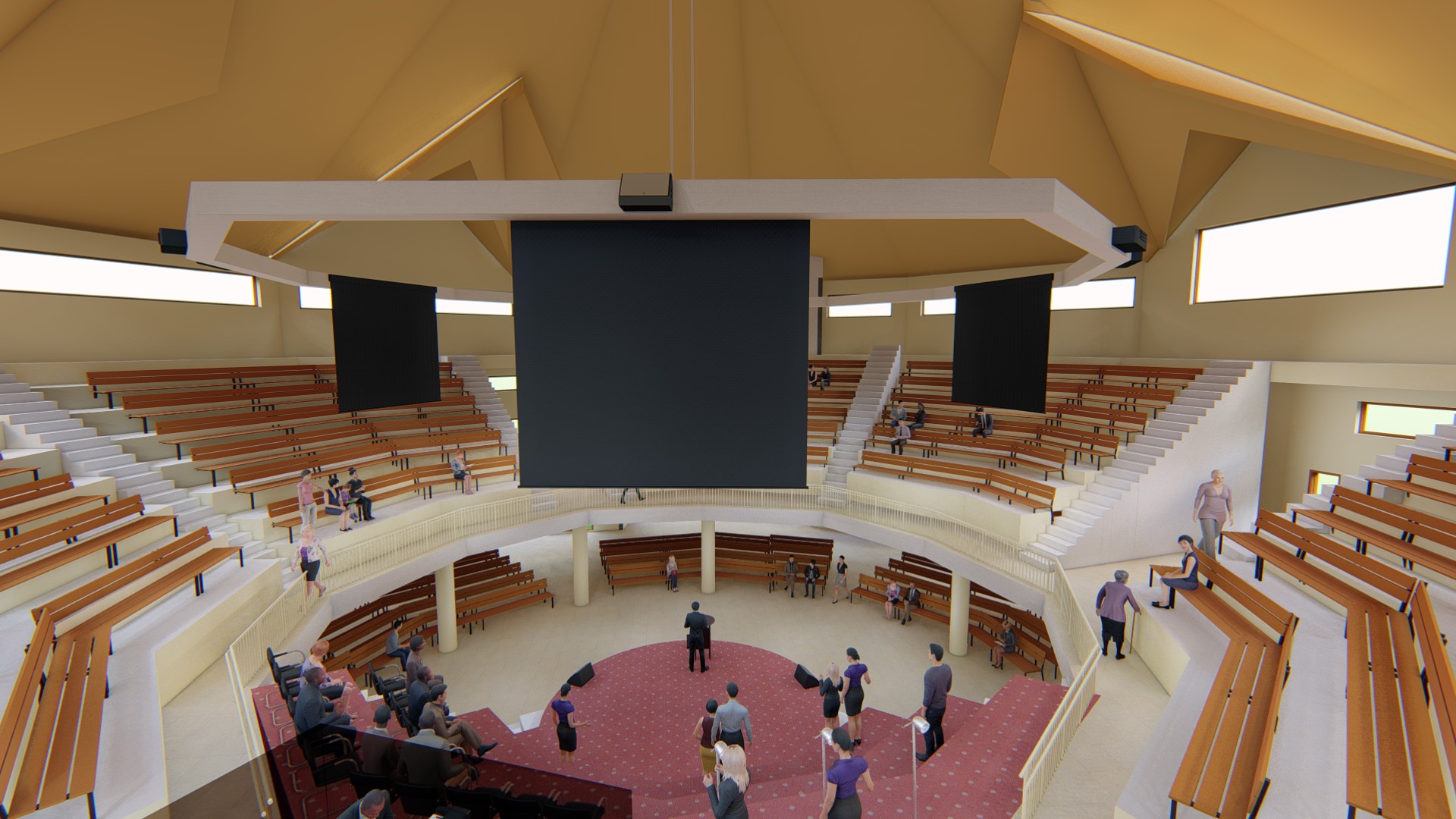 AV Maintenance Checklist for Businesses, Churches and Institutions in Kenya 1 3D design rendering of a church auditorium with suspended LED screens, speakers and a stage sound system