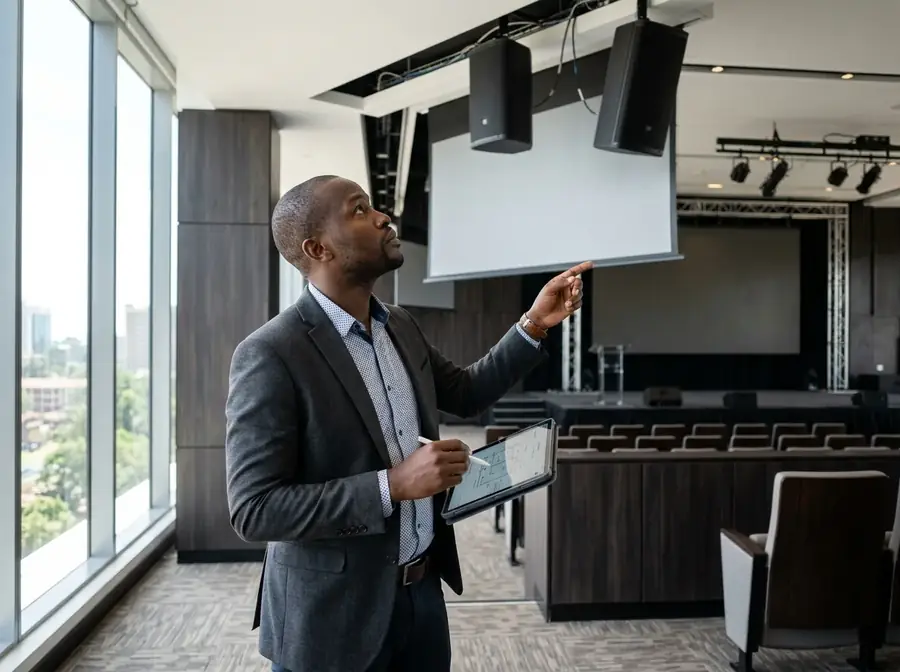 AV consultant reviewing a system design with a client in Nairobi