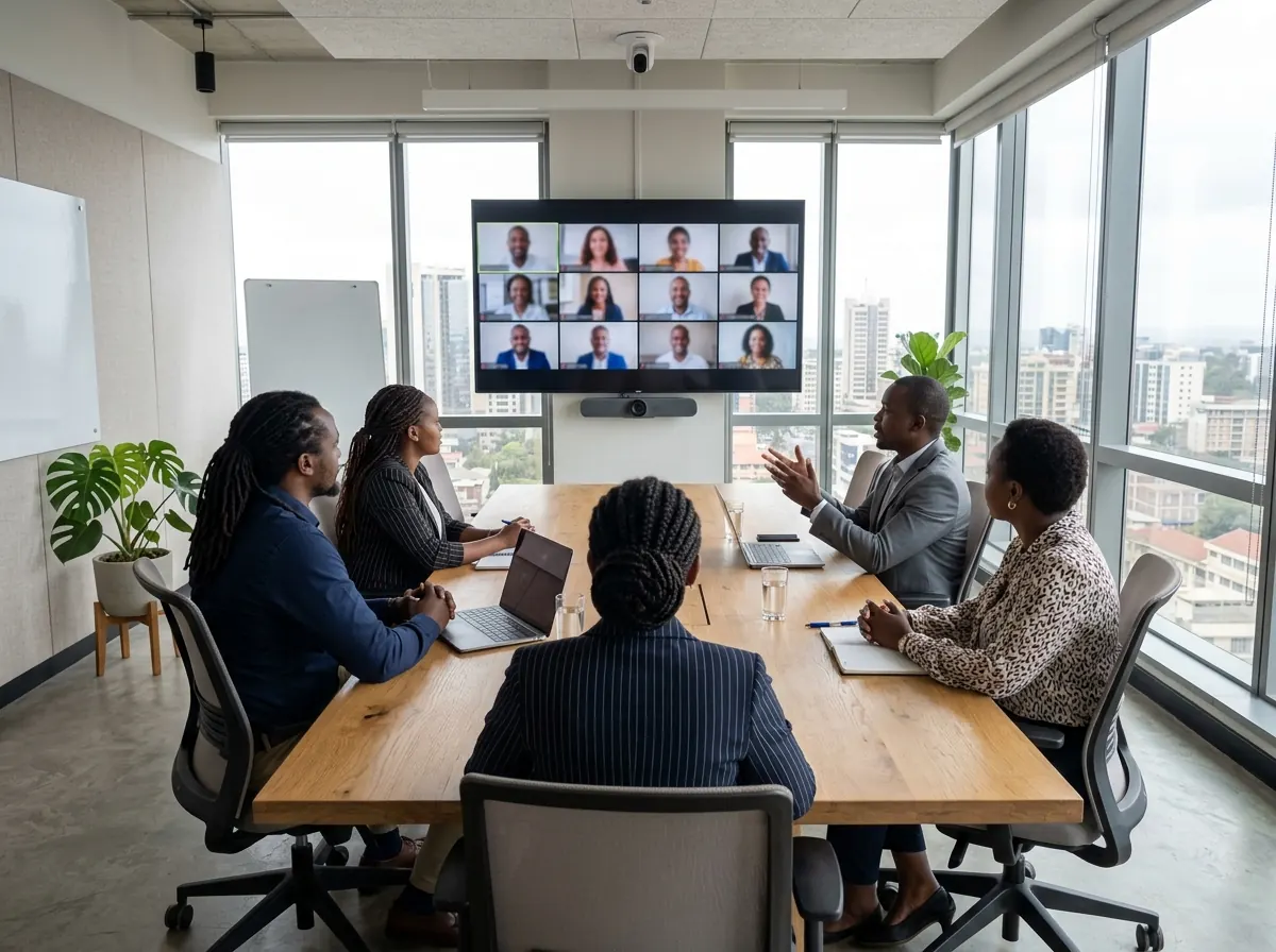 Video Conferencing Systems in Kenya: Teams Rooms, Zoom Rooms and Meeting Room Set-Ups 1 Meeting room with video conferencing camera, display and table microphones